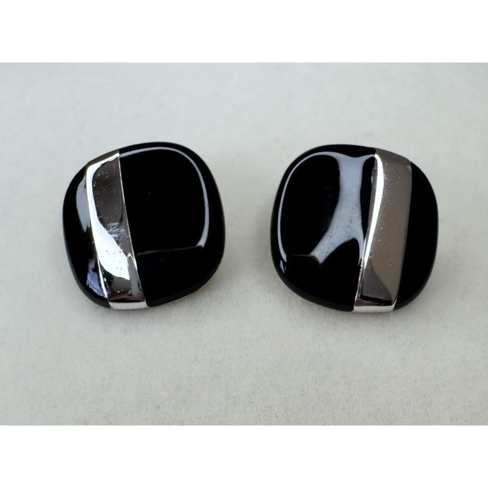 MONET Vintage Black Sterling Silver Tone Earrings Signed Stud Square